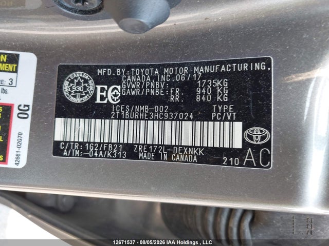 Toyota COROLLA LE 2017 2T1BURHE3HC937024 Image 9