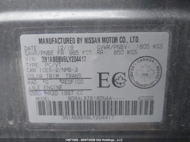 3N1AB8BV6LY204417 Nissan SENTRA S