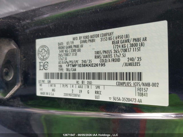 Ford F-150 2019 1FTMF1E58KKE26195 Image 9