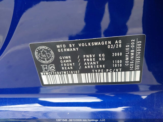 Продаж на аукціоні авто 2026 Volkswagen Golf R, vin: WVWCF7CD4TW218107, номер лоту: 12671549