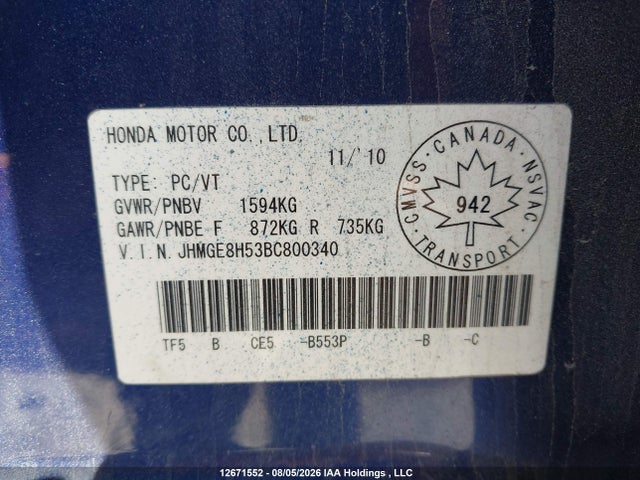 12671552 :رقم المزاد ، JHMGE8H53BC800340 vin ، 2011 Honda Fit Lx مزاد بيع