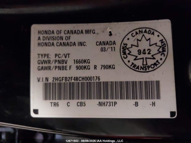 2012 Honda Civic მანქანა იყიდება აუქციონზე, vin: 2HGFB2F48CH000176, აუქციონის ნომერი: 12671553