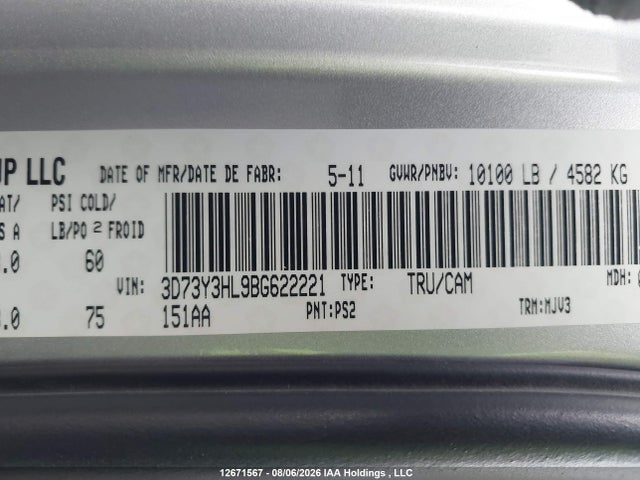 Продаж на аукціоні авто 2011 Dodge Ram 3500, vin: 3D73Y3HL9BG622221, номер лоту: 12671567