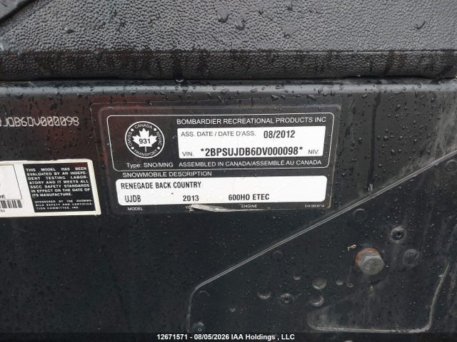 Продаж на аукціоні авто 2013 Skidoo Renegade Backcountry 600 E, vin: 2BPSUJDB6DV000098, номер лоту: 12671571