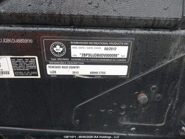 Продаж на аукціоні авто 2013 Skidoo Renegade Backcountry 600 E, vin: 2BPSUJDB6DV000098, номер лоту: 12671571