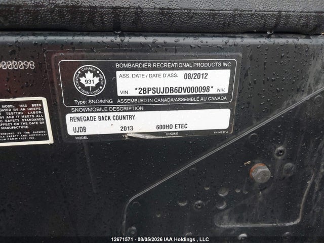 Продаж на аукціоні авто 2013 Skidoo Renegade Backcountry 600 E, vin: 2BPSUJDB6DV000098, номер лоту: 12671571