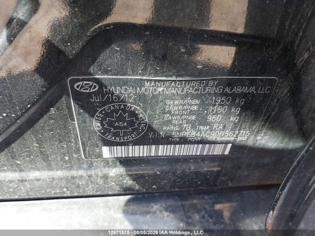 12671575 :رقم المزاد ، 5NPEB4AC9DH562715 vin ، 2013 Hyundai Sonata Gls مزاد بيع