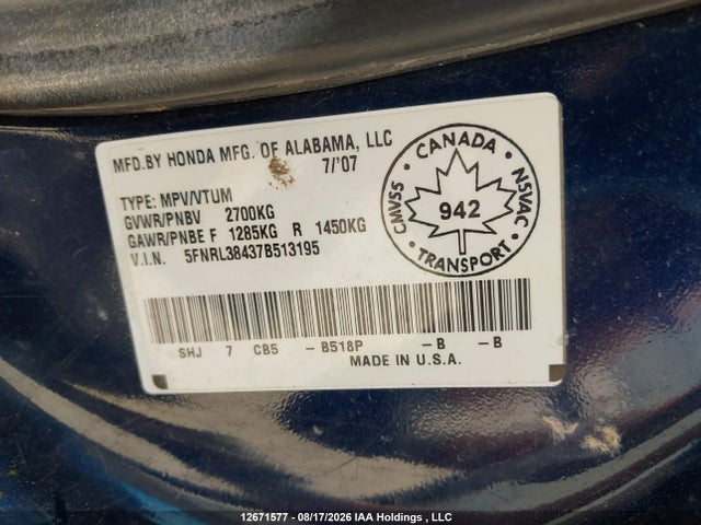 Продаж на аукціоні авто 2007 Honda Odyssey Ex, vin: 5FNRL38437B513195, номер лоту: 12671577