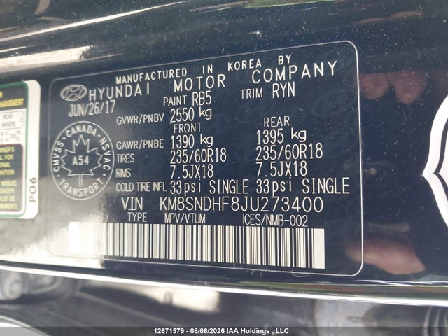 Aukcja sprzedaży 2018 Hyundai Santa Fe Xl Luxury, vin: KM8SNDHF8JU273400, numer aukcji: 12671579
