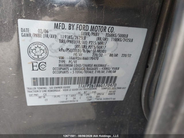 12671581 :رقم المزاد ، 1FAFP26186G170470 vin ، 2006 Ford Five Hundred Se مزاد بيع