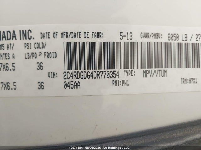 12671584 :رقم المزاد ، 2C4RDGDG4DR770354 vin ، 2013 Dodge Grand Caravan Crew مزاد بيع