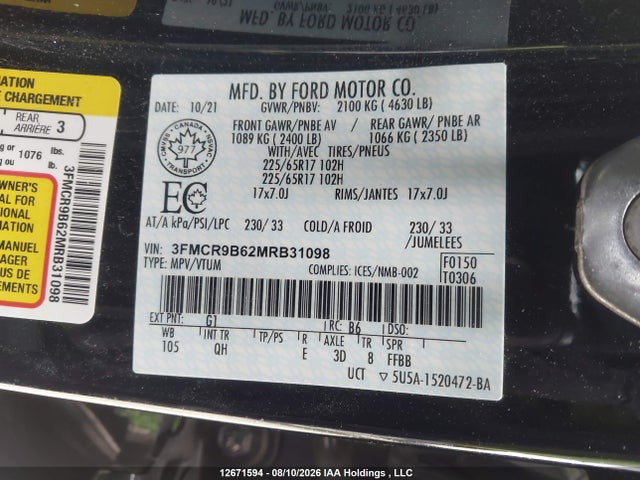Aukcja sprzedaży 2021 Ford Bronco Sport Big Bend, vin: 3FMCR9B62MRB31098, numer aukcji: 12671594