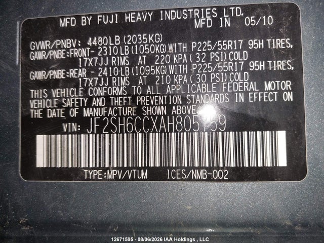 Продаж на аукціоні авто 2010 Subaru Forester, vin: JF2SH6CCXAH805759, номер лоту: 12671595