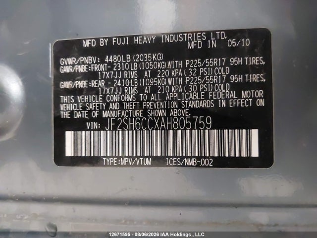 Продаж на аукціоні авто 2010 Subaru Forester, vin: JF2SH6CCXAH805759, номер лоту: 12671595