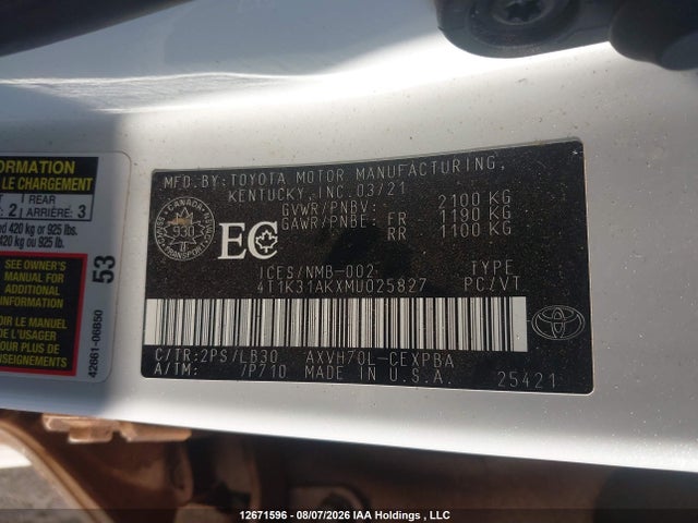 Продажа на аукционе авто 2021 Toyota Camry Hybrid Xse, vin: 4T1K31AKXMU025827, номер лота: 12671596