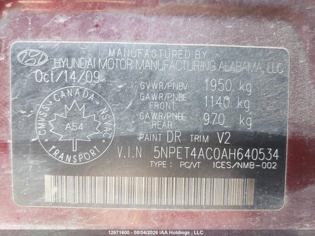 Продажа на аукционе авто 2010 Hyundai Sonata Gl, vin: 5NPET4AC0AH640534, номер лота: 12671600