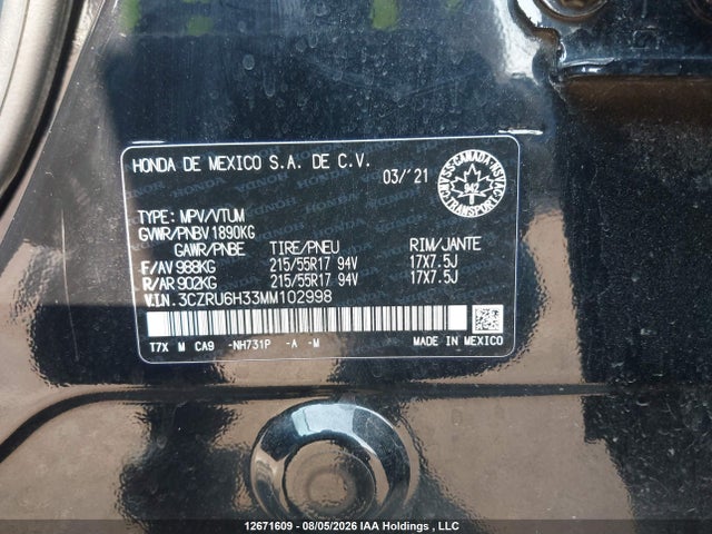 2021 Honda Hr-v Lx მანქანა იყიდება აუქციონზე, vin: 3CZRU6H33MM102998, აუქციონის ნომერი: 12671609