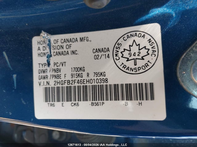 Honda Civic Lx 2014 2HGFB2F46EH010398 Image 18
