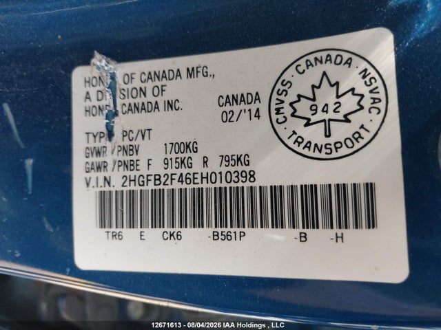Honda Civic Lx 2014 2HGFB2F46EH010398 Image 9