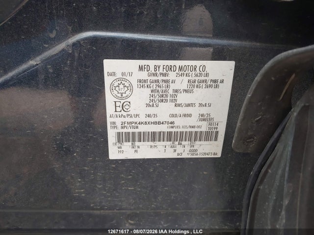Продаж на аукціоні авто 2017 Ford Edge Titanium, vin: 2FMPK4K8XHBB47046, номер лоту: 12671617