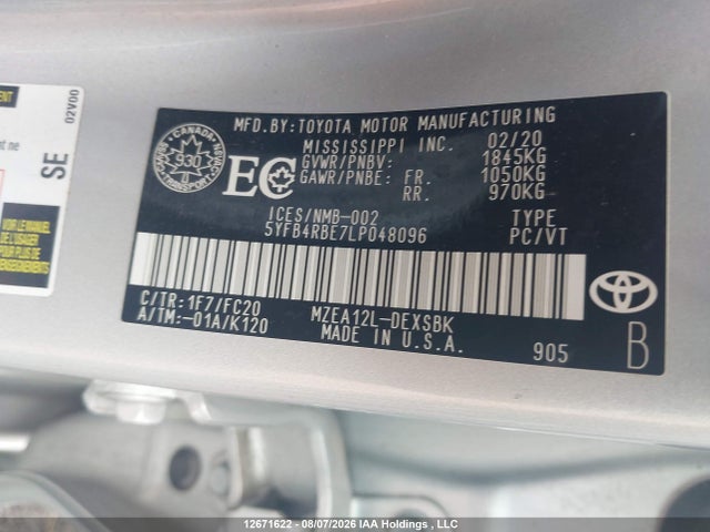 Продаж на аукціоні авто 2020 Toyota Corolla Se, vin: 5YFB4RBE7LP048096, номер лоту: 12671622