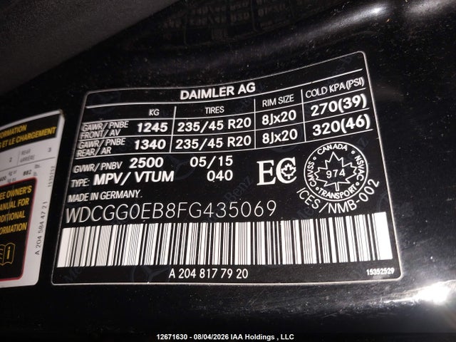 12671630 :رقم المزاد ، WDCGG0EB8FG435069 vin ، 2015 Mercedes-benz Glk 250 Bluetec 4matic مزاد بيع