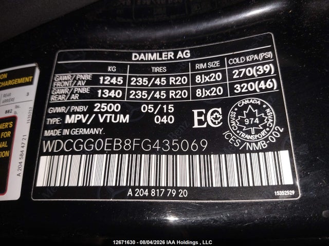 12671630 :رقم المزاد ، WDCGG0EB8FG435069 vin ، 2015 Mercedes-benz Glk 250 Bluetec 4matic مزاد بيع