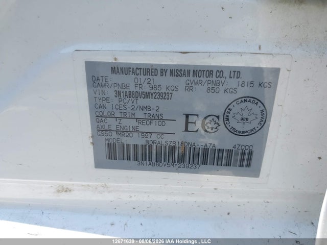 Продажа на аукционе авто 2021 Nissan Sentra Sr, vin: 3N1AB8DV5MY239237, номер лота: 12671639