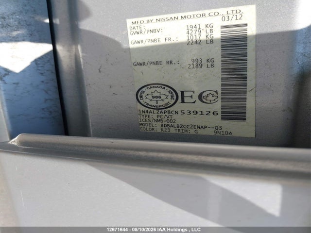 Aukcja sprzedaży 2012 Nissan Altima S, vin: 1N4AL2AP8CN539126, numer aukcji: 12671644