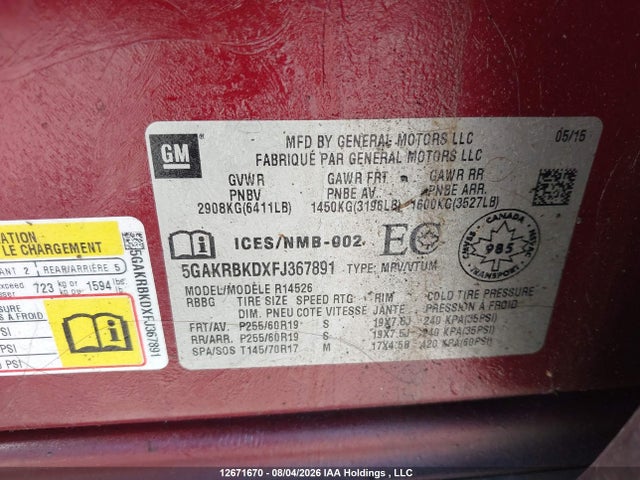 Buick Enclave Leather 2015 5GAKRBKDXFJ367891 Image 9