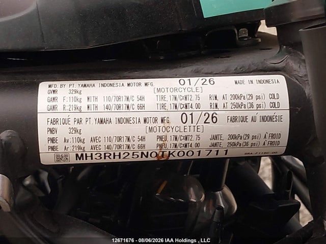 2026 Yamaha Yfz320 A მანქანა იყიდება აუქციონზე, vin: MH3RH25N0TK001711, აუქციონის ნომერი: 12671676