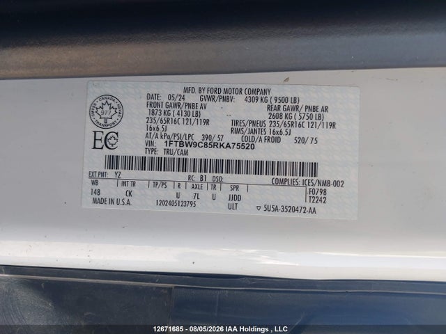 12671685 :رقم المزاد ، 1FTBW9C85RKA75520 vin ، 2024 Ford Transit T-350 مزاد بيع