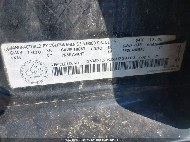 12671686 :رقم المزاد ، 3VWDT81K26M738103 vin ، 2006 Volkswagen Jetta Tdi Option Package 2 مزاد بيع