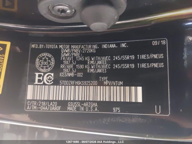 5TDDZRFH6KS925200 Toyota Highlander Limited/ltd Platinum