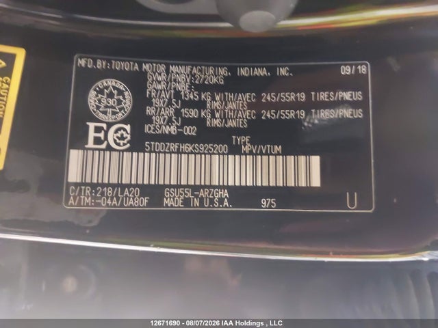 5TDDZRFH6KS925200 Toyota Highlander Limited/ltd Platinum