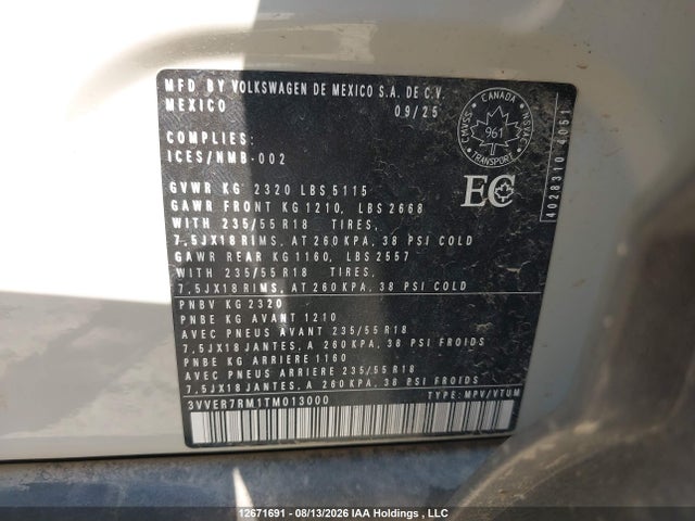 12671691 :رقم المزاد ، 3VVER7RM1TM013000 vin ، 2026 Volkswagen Tiguan Se مزاد بيع