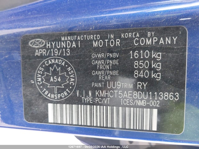 2013 Hyundai Accent Gls/gs მანქანა იყიდება აუქციონზე, vin: KMHCT5AE8DU113863, აუქციონის ნომერი: 12671697