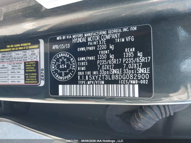 12671701 :رقم المزاد ، 5XYZT3LB8DG082900 vin ، 2013 Hyundai Santa Fe Sport 2.4 Base مزاد بيع