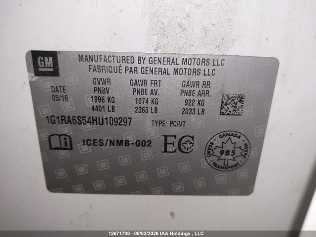 Auction sale of the 2017 Chevrolet Volt Lt, vin: 1G1RA6S54HU109297, lot number: 12671708