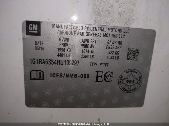 Auction sale of the 2017 Chevrolet Volt Lt, vin: 1G1RA6S54HU109297, lot number: 12671708