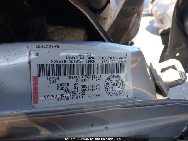 12671710 :رقم المزاد ، JTDBT123230304951 vin ، 2003 Toyota Echo مزاد بيع