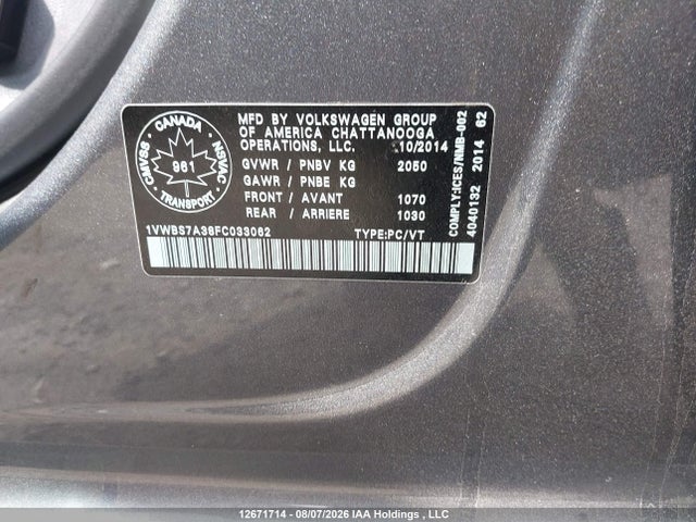 2015 Volkswagen Passat 1.8 Tsi Comfortline მანქანა იყიდება აუქციონზე, vin: 1VWBS7A38FC033062, აუქციონის ნომერი: 12671714