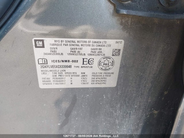 Продажа на аукционе авто 2012 Gmc Terrain Slt, vin: 2GKFLVE5XC6339948, номер лота: 12671727