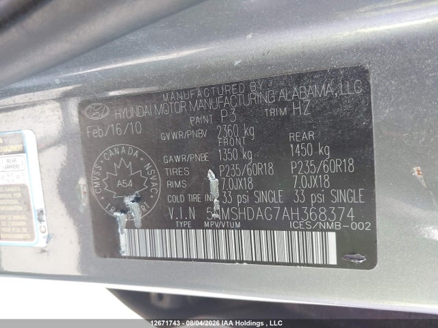 Aukcja sprzedaży 2010 Hyundai Santa Fe Limited 3.5, vin: 5NMSHDAG7AH368374, numer aukcji: 12671743
