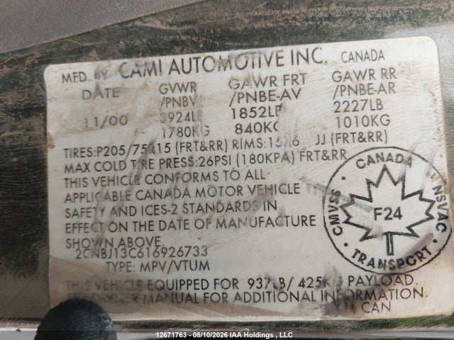 2001 Chevrolet Tracker მანქანა იყიდება აუქციონზე, vin: 2CNBJ13C616926733, აუქციონის ნომერი: 12671763
