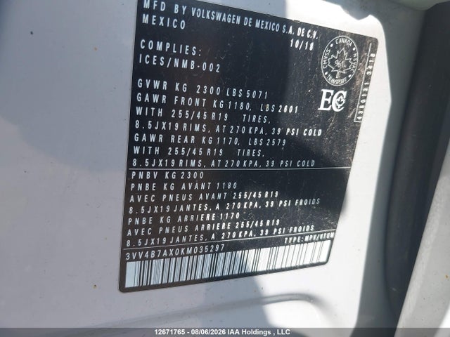 12671765 :رقم المزاد ، 3VV4B7AX0KM035297 vin ، 2019 Volkswagen Tiguan Highline مزاد بيع