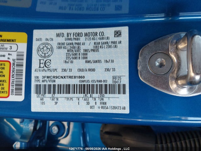 2026 Ford Bronco Sport Outer Banks მანქანა იყიდება აუქციონზე, vin: 3FMCR9CNXTRE81860, აუქციონის ნომერი: 12671776