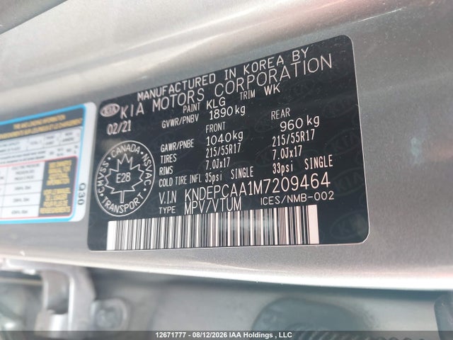 Aukcja sprzedaży 2021 Kia Seltos Lx, vin: KNDEPCAA1M7209464, numer aukcji: 12671777