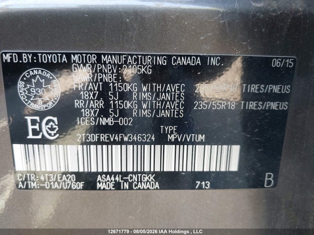 Toyota Rav4 Limited 2015 2T3DFREV4FW346324 Image 9