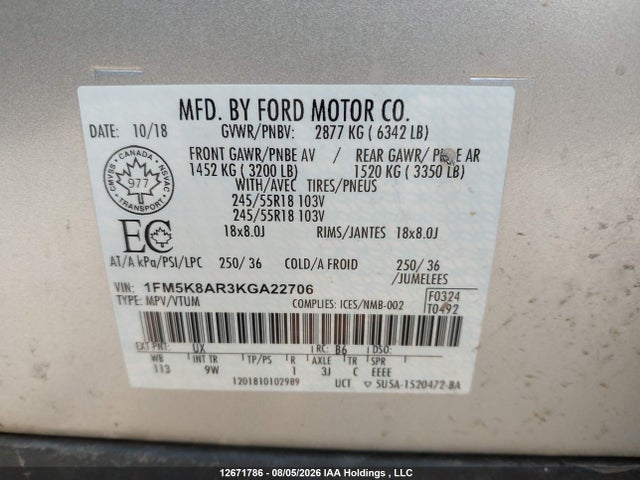 Продаж на аукціоні авто 2019 Ford Explorer Police Interceptor, vin: 1FM5K8AR3KGA22706, номер лоту: 12671786